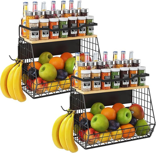 2 Pack Magnetic Shelf for Fridge with Wider & Thicker Magnet, Refrigerator Organizer Storage Basket for Fruit, Onion, Potato, Spice Rack, Kitchen, Laundry, Pantry (Black, 13.77" X 6.77" X 11.81")