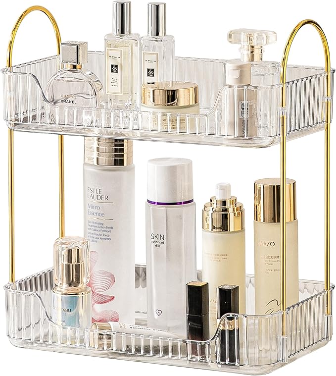 2 Tier Bathroom Organizer Countertop Makeup Perfume Tray Skincare Organizer for Bathroom Dresser Vanity (White)-NeatNest