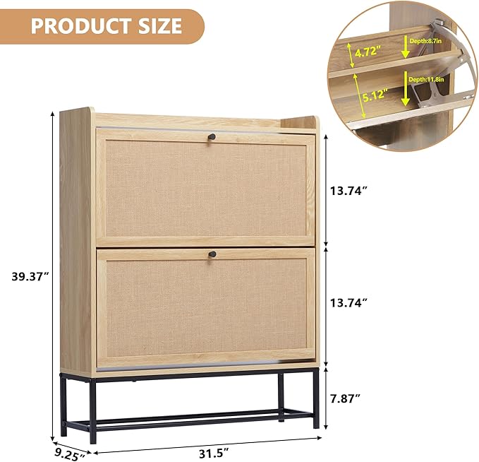 LEVNARY Shoe Cabinet Set of 2, Wooden Narrow Shoe Racks Cabinet Storage with 2 Flip Drawers, Hidden Freestanding Shoe Organizer for Hallway, Entryway, Home (2, Natural Oak)-NeatNest