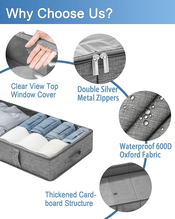 Foldable Underbed Bags 2 Pack, Large Under Bed Storage Organizer Box with Handle for Organizing Clothes, Shoes, Pillows, Grey-NeatNest