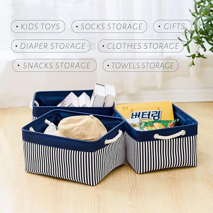 TcaFmac Storage Basket for Organizing - Large 4 Pack Foldable Storage Bins Baskets for Shelves with Ropes, Fabric Storage Cubes for Cloth Toy Gift Kids (Navy & White 16x12x8 inch)-NeatNest