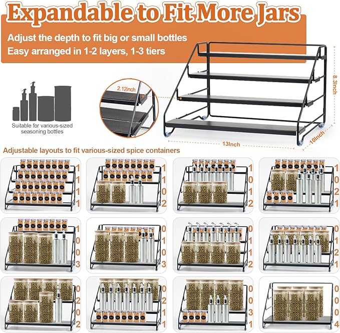 4 Tier Spice Rack Organizer for Cabinet, Step Adjustable Spice Shelf Seasoning Organizer with Non Slip Tiers, Expandable Metal Spice Rack for Kitchen Countertop, Pantry, Cupboard – Black-NeatNest