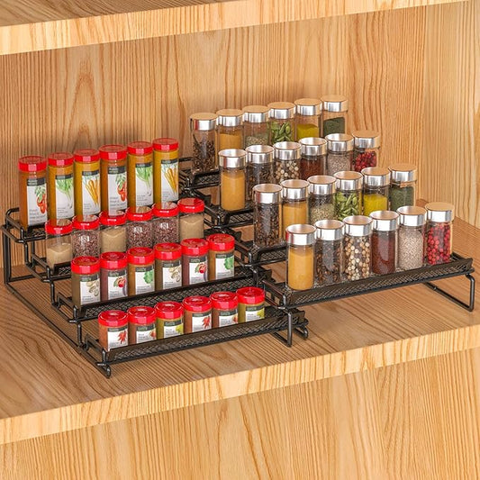 4 Tier Spice Rack Organizer for Inside Cabinet Expandable Display Riser Shelf Seasoning Organizer for Countertop Cupboard Pantry Adjustable Step Storage Holder with Protection Railing (Black, 2PC)-NeatNest