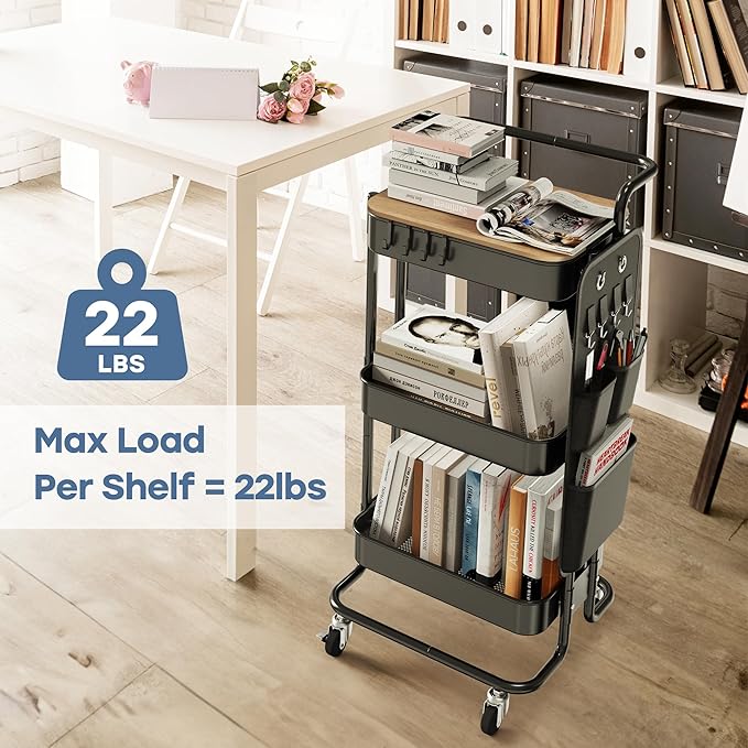 DTK 3 Tier Metal Utility Rolling Cart with Table Top and Side Bags, Tray Storage Organizer Wheels, Art Craft 4 Hooks for Kitchen Bathroom Office Living Room (Black)-NeatNest