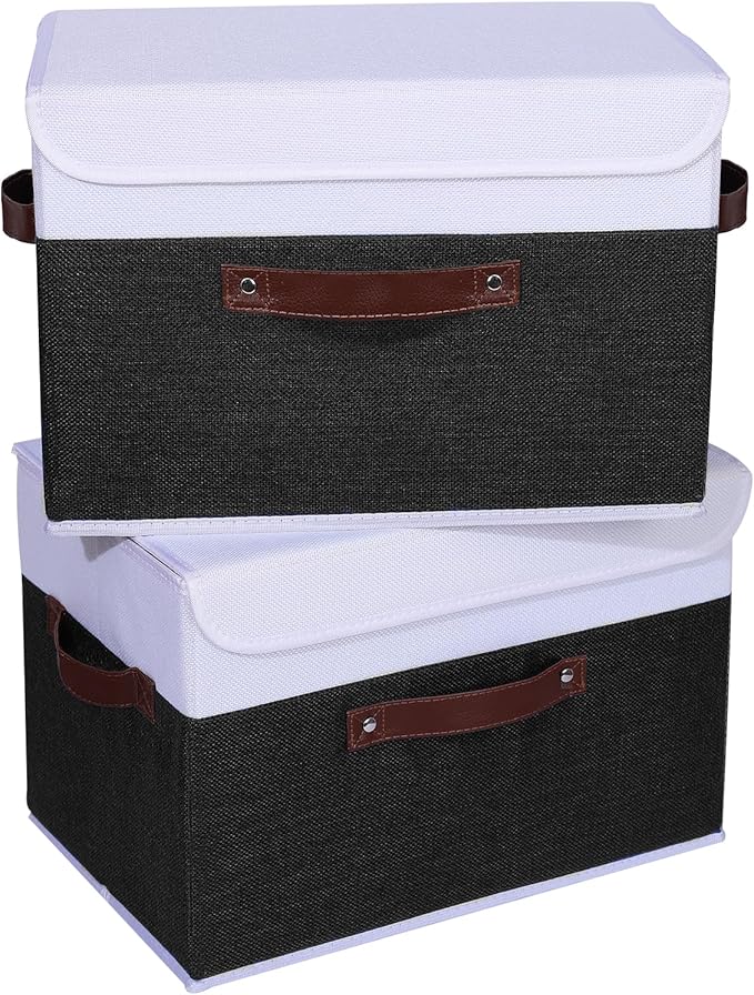ANMINY 4PCS Storage Boxes with Lid Washable Decorative Storage Bins Basket with PU Leather Handle Foldable Linen Fabric Storage Cubes Containers for Home Closet Organizer - Black White, Large Size-NeatNest