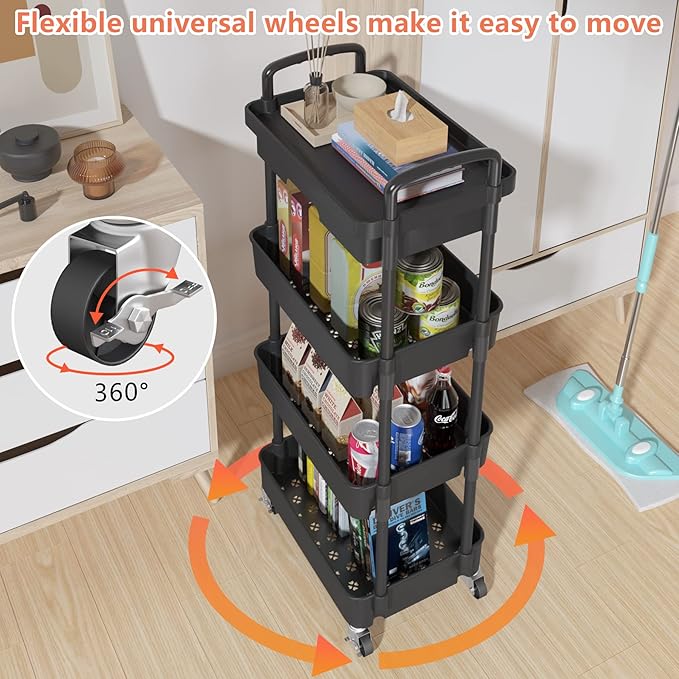 Calmootey 4-Tier Rolling Utility Cart with Drawer,Multifunctional Storage Organizer with Plastic Shelf & Metal Wheel,Storage Cart for Kitchen,Bathroom,Living Room,Office,Black-NeatNest