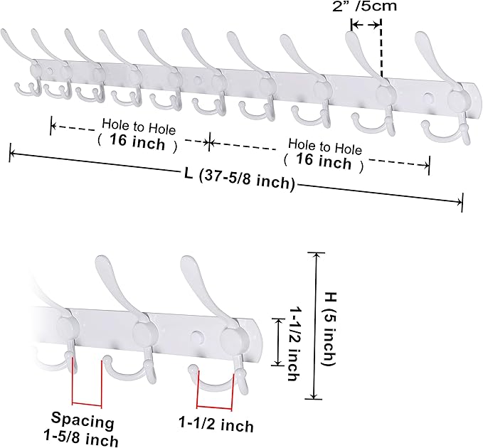 Dseap Coat Rack Wall Mount - 38” Long 10-Tri-Hooks Heavy Duty Coat Hanger Rail Wall Hooks for Hanging Coats Hats Clothing Clothes Purse Mudroom Entryway, White, Pack of 2-NeatNest