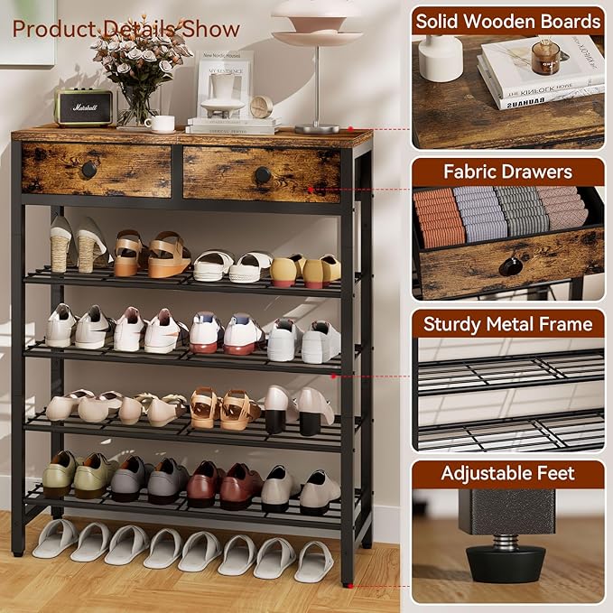 IBUYKE 5 Tier Shoe Rack, Metal Shoe Storage Organizer for 12-16 Pairs of Shoes, Modern Shoe Stand with 2 Drawers,Metal Shelf for Entryway Closet Bedroom, Rustic Brown TXJ041H-NeatNest