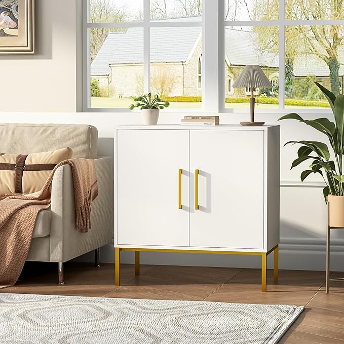 JOZZBY Storage Cabinet with Doors, Free Standing Buffet Cabinet, Modern Wooden Sideboard, White Side Cabinets for Bedroom, Living Room, Kitchen, Office and Hallway WLFH0007WH