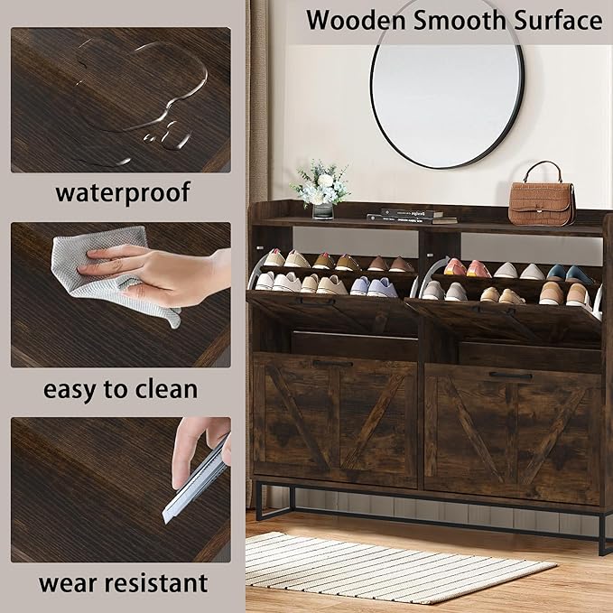 Hidden Shoe Storage Cabinets with 4 Flip Drawers and Metal Legs, Freestanding Narrow Shoe Organizer Rack for Entryway, Rustic Brown-NeatNest