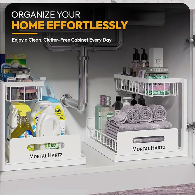 Under Sink Organizer Rack – 2-Tier Pull-Out Storage Shelf for Kitchen & Bathroom Cabinets – Space-Saving L-Shaped Metal Organizer with Sliding Baskets (White, 1-Pack)-NeatNest