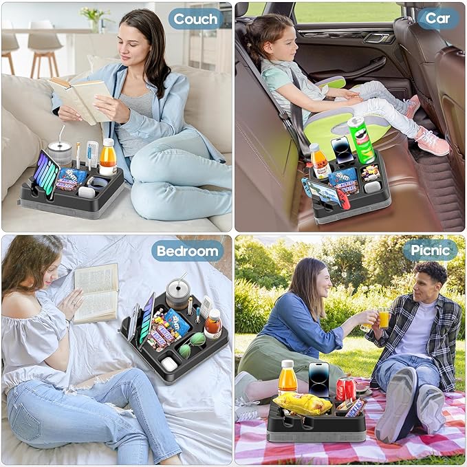 Couch Cup Holder Tray Couch Cup Holder Pillow Bed Tray Snack Sofa Bed Caddy Organizer Beach Sofa Drink Holder Anti-Spill Portable Snack Caddy Couch Remote Holder for Phone Pad Kindle Beverage Black-NeatNest