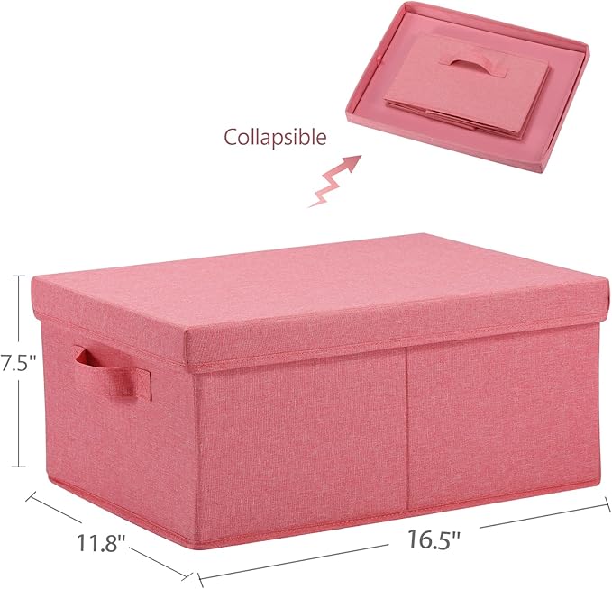 HOONEX Linen Foldable Storage Bins with Lids, 2 Pack, Storage Boxes with Carrying Handles and Sturdy Heavy Cardboard, 16.5" L x 11.8" W x 7.5" H for Shoes, Books, Clothes, Nursery, Pink-NeatNest
