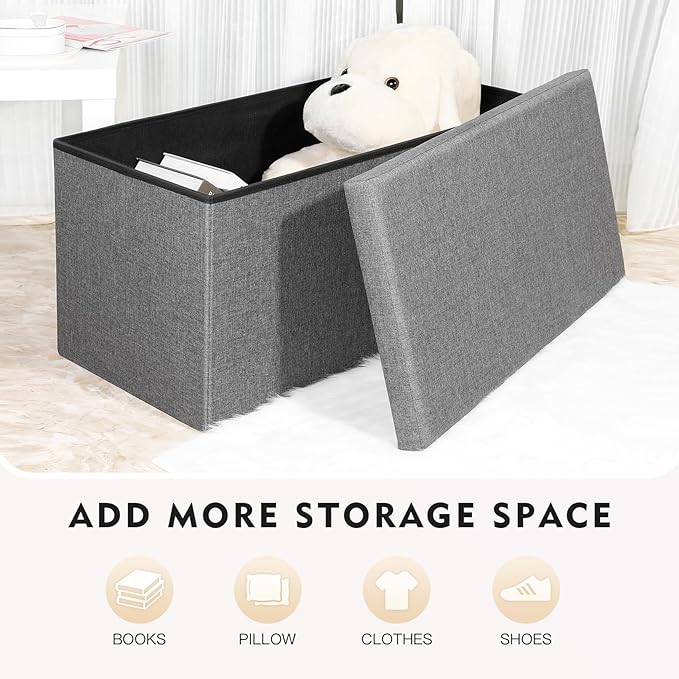 B FSOBEIIALEO Storage Ottoman with Tray, Linen Coffee Table Folding Long Shoes Bench Footstool, Dark Grey 30"x15.74"x15"-NeatNest