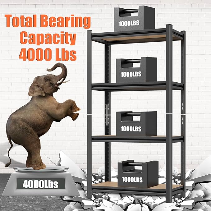 4 Tier Garage Shelving Wood Storage Shelves 4000 lb Load Capacity Adjustabl Shelf Units 45.6" H*23.6" W*11.8" D Metal Shelving Suitable for Basement Warehouse Pantry,Black