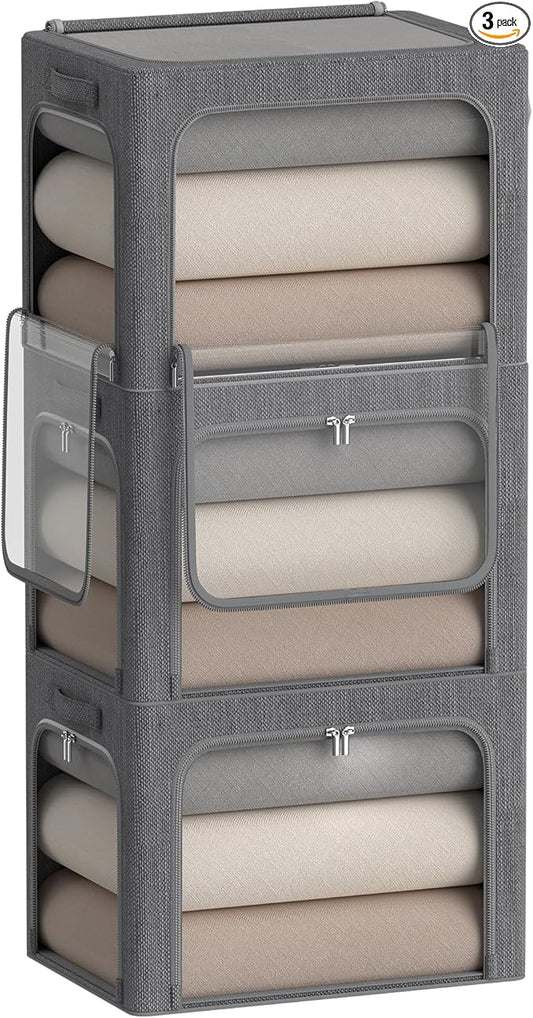 3 Openings Clothes Storage Bins Box - 3Pack Stackable Foldable Bin With Metal Frame - Clothing Organizer With Clear Window, Carry Handles (36L-15.7x11.8x11.8in, Dark Grey)-NeatNest