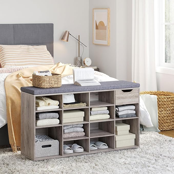 DINZI LVJ Shoe Bench, Entryway Storage Bench with Drawer and 15 Cubbies, Cubby Shoe Rack with Adjustable Shelves, Shoe Organizer Cabinet for Living Room, Bedroom, Mudroom, Closet and Garage, Greige-NeatNest