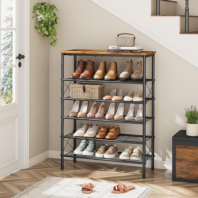 Tajsoon 6 Tier Free Standing Shoe Rack for 20-24 Pairs, X Shape Fixed Frame Metal Mesh Shoe Rack for Closet, Rustic Brown & Black-NeatNest