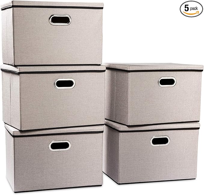 PRANDOM Large Foldable Storage Bins with Lids [5-Pack] linenFabric Decorative Storage Boxes Organizer Containers Baskets Cube(17.7x11.8x11.8) For 6+ Year Old Boys and Girls-NeatNest