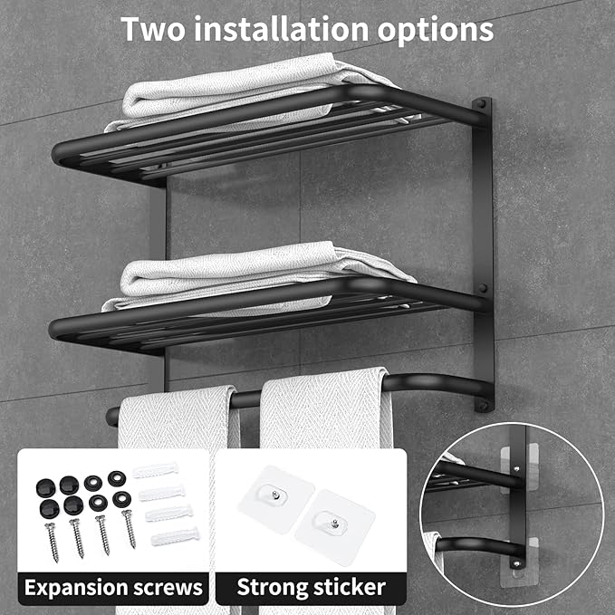 22.8Inch Towel Rack for Bathroom and Lavatory Towel Hanger with Wall Mount Towel Bars 304 Stainless Steel No Drill Tower Holder Shelf (3 Layers Black Towel Rack)