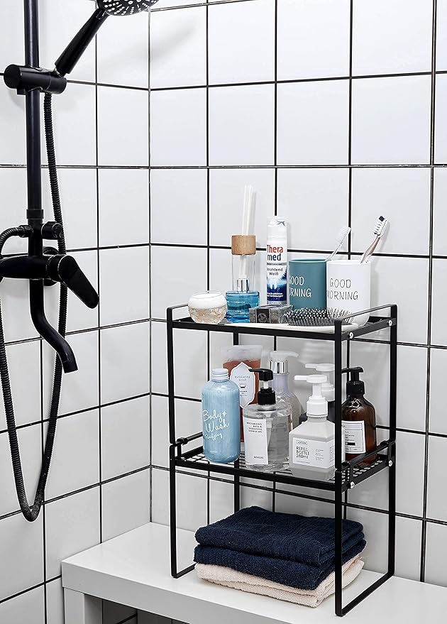 2pk Kitchen Cabinet Shelf Counter Organizer Rack Pantry Storage Bathroom Bedroom Office Table Desk Space Saving Steel Frame Stackable Rust Resistant Non Slip Black-Tall-L13in W8.3in H9.5in-NeatNest