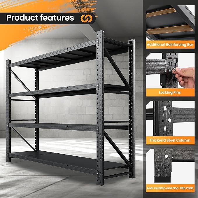 79” W Garage Shelving Heavy Duty, 7000LBS Metal Storage Shelves, 4 Tier Storage Rack Shelf, Steel Industrial Shelving, Adjustable Standing Shelf for Basement/Warehouse 79" W x 24" D x 79" H, Black-NeatNest