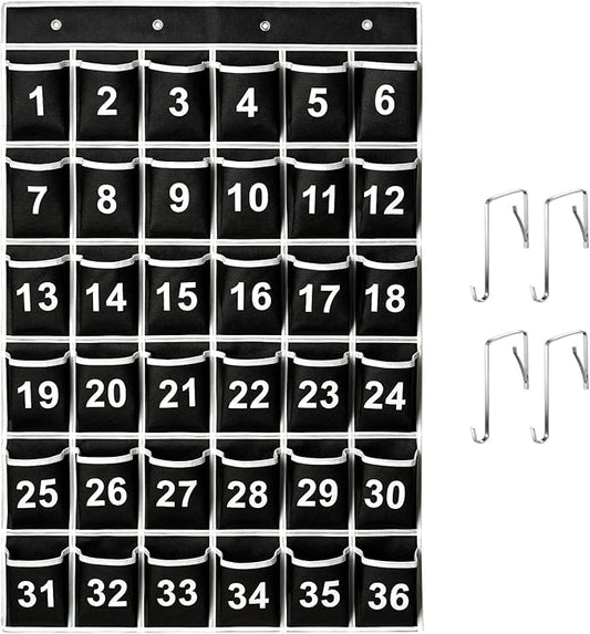 36 Pockets Black Numbered Classroom Pocket Chart for Cell Phones, Hanging Pocket Chart Storage for Classroom Phone Calculator Holder with 4 Hooks (Black-36pockets)-NeatNest