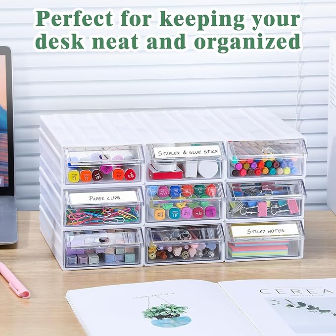 9 Pcs Stacking Office Drawer Organizers - Desktop & Wall Mounted 9 Drawer Storage Closet with 18pcs Clear Dividers Multifunctional Organizer Rack with 9pcs Tag Card for Home Small Items-NeatNest