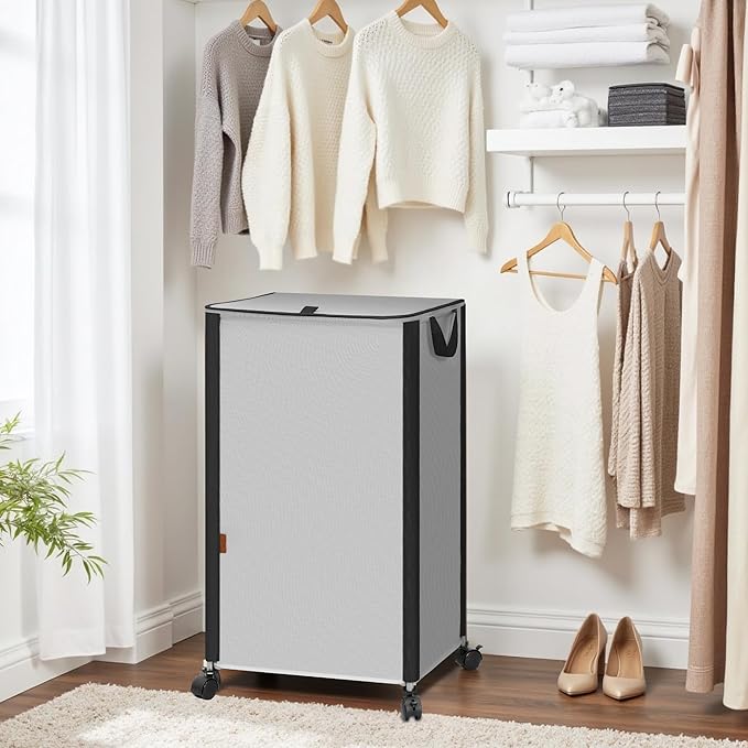 STORAGE MANIAC Rolling Laundry Hamper with Lid, 23.7 Gal (90 L) Large Tall Laundry Basket with Wheels & Handles, Aesthetic Dirty Clothes Hamper for Small Space, Dorm, Apartment, College, Gray