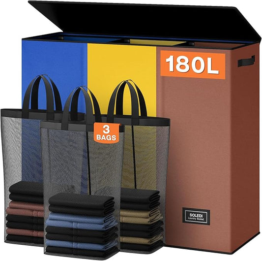 SOLEDI 180L Laundry Hamper 3 Section, Extra Large Laundry Hamper with Lid, Dirty Clothes Hamper with Sturdy Handle, Large Laundry Basket Organizer for Laundry Room, Bedroom, Hampers for Laundry-NeatNest