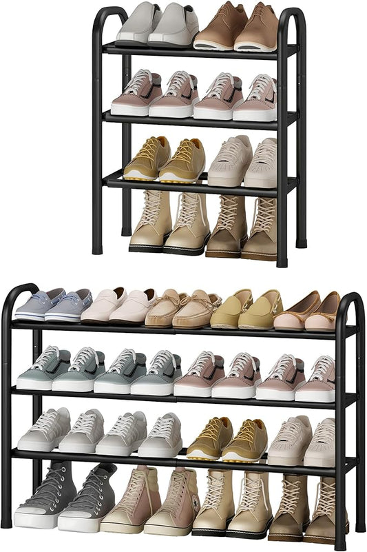 STO STO Expandable Shoe Rack, 3-Tier Metal Small Shoe Rack for Closet, Up to 16 Pairs Adjustable Shoe Racks Storage for Front Door Entrance, Free Standing Shoe Rack Organizer for Entryway, Black-NeatNest