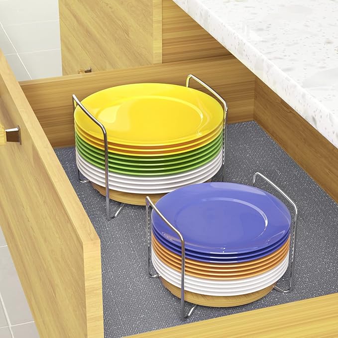 Wisuce Dish Racks for Kitchen Countertop Organizer - Bamboo Plate Holder Adjustable Size | Stainless Steel 304 Portable Handle for Kitchen Drawer Countertop Cupboard Shelf