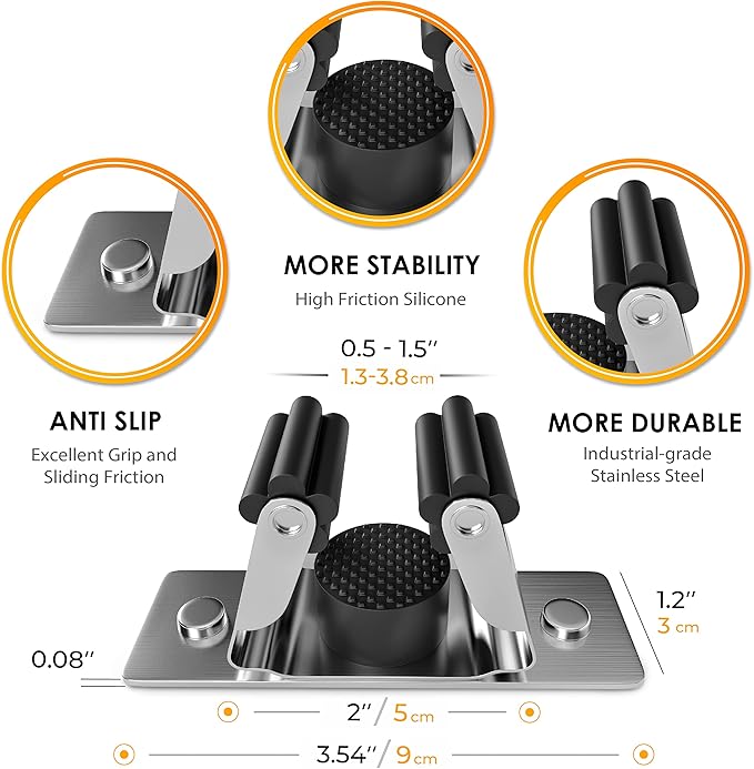 Self Adhesive Broom and Mop Holder Wall Mounted – SUS304 Stainless Steel 2-Slot Organizer with Anti-Slip Rubber Grips, 25lb Load, Adjustable for 0.6–1.4" Handles, Garage Kitchen Bathroom Use, 3 Pcs-NeatNest