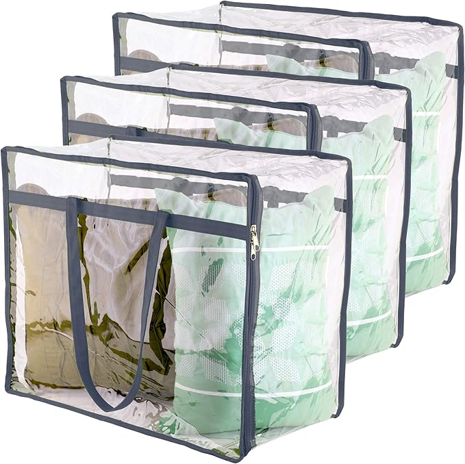 Clear Vinyl Zippered Storage Bags (3-Pack) 40L Sturdy Storage Bags for Sweaters, Blankets, Comforters, Bedding Sets and Much More! (Gray, 18x15x9)-NeatNest