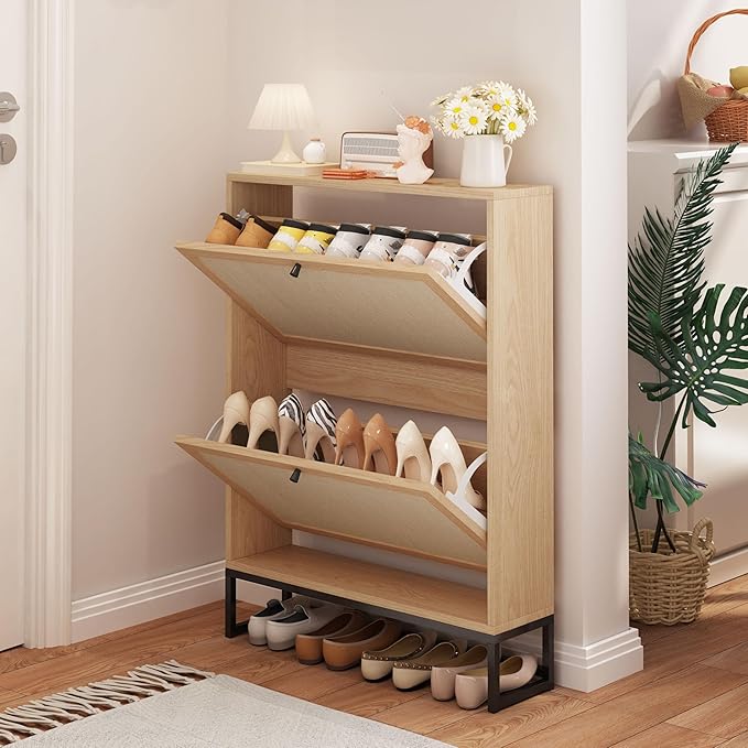 AVZEAR Shoe Cabinet with 2 Flip Drawer Door, Freestanding Shoe Organizer, Shoe Cabinet Storage for Entryway, Shoe Storage Shoe Rack for Closet with Linen Doors Drawer in Hallway, Living Room (Natural)-NeatNest