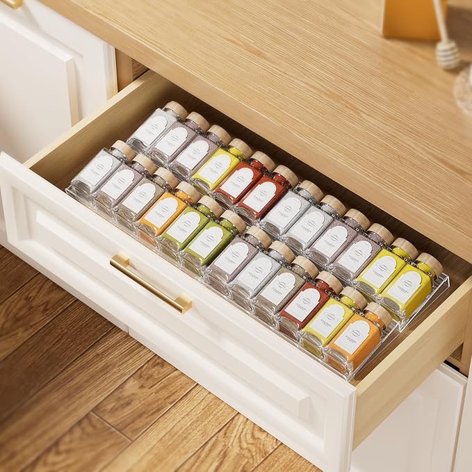 2-Tier Spice Drawer Organizer 2 Pack, Expandable from 11" to 22" Clear Acrylic Spice Rack for Drawer, Kitchen Spice Organization, Seasoning Organizer Holds Up to 24 Jars(Jars Not Included)-NeatNest