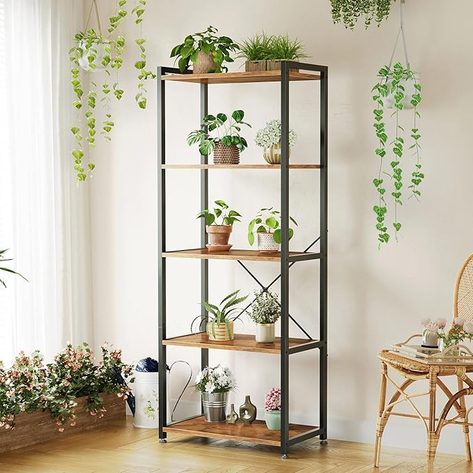 Casaottima Book Shelf, 5 Tier Bookshelf, Modern Wood Bookcase Shelves for Bedroom, Industrial Display Shelf for Living Room Home Office Kitchen, Standing Shelving Unit Storage Organizer, Vintage-NeatNest