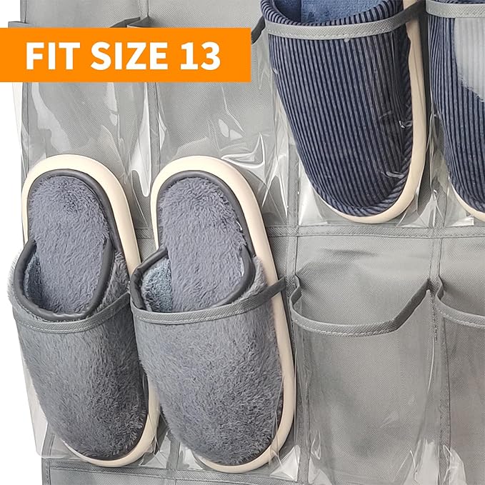 28 Large 1 Pack Transparent Pockets Over The Door Shoe Organizer Sturdy Hanging Shoe Rack for Door Closet Sneakers or Accessories, 4 hooks（Grey）-NeatNest