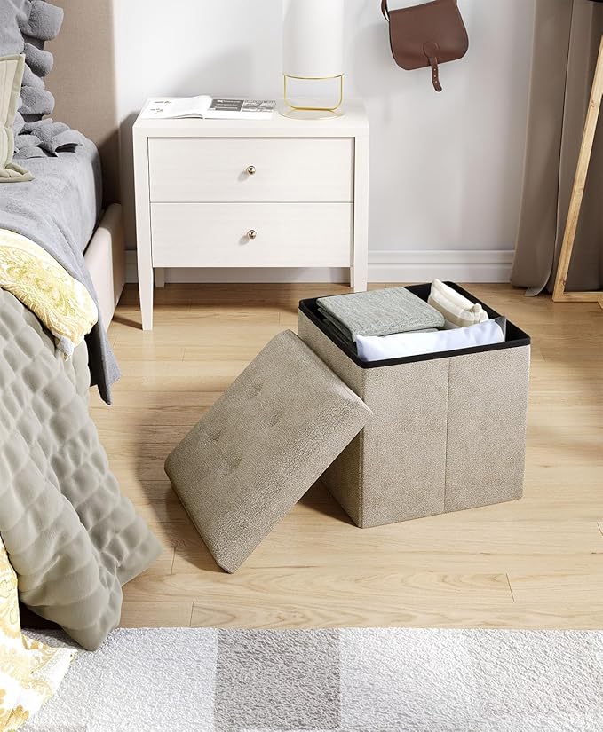 Folding Storage Ottoman Bench, Multi-Functional Ottoman Footrest, End of Bed Bench, Storage Chest for Living Room, Bedroom, Hallway, Entryway, Holds Up to 700 lbs (Beige, 15 Inches)