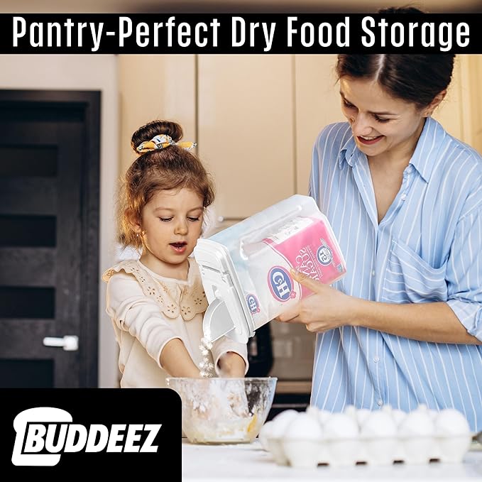 Buddeez Large Food Storage Container - 3.75 Quart Sugar Buddy, All Purpose Clear Kitchen Organization and Storage - Sugar, Flour, Cereal, Rice Dispenser, EZ Pour Spout & Easy Grip Handle (White Lid)-NeatNest