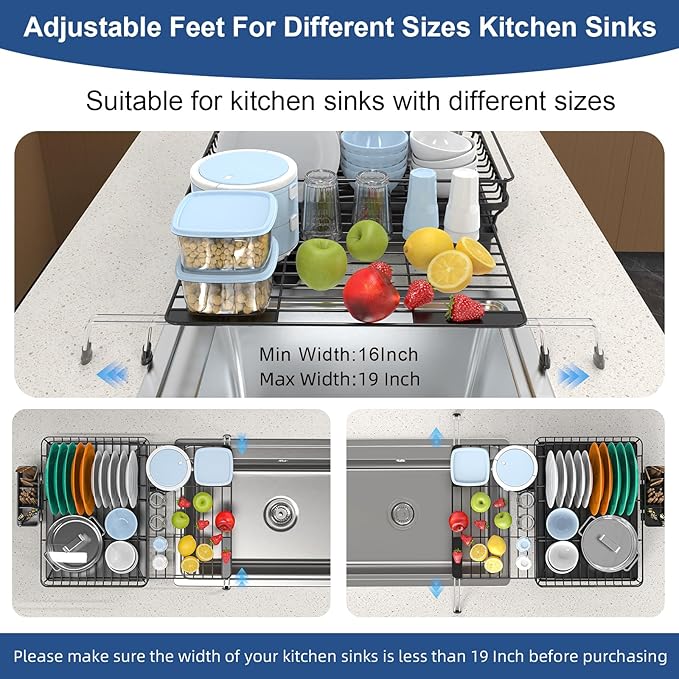 Extendable Dish Racks 16.3"-21.6" L x 16.7" W,Stainless Steel Dish Drying Rack for Kitchien Counter, Anti-Rust Dish Strainer with Cutlery Holder