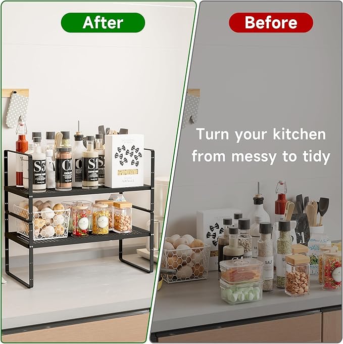 Expandable Kitchen Cabinet Shelf Organizer Rack Heavy Duty Metal Spice Rack Stackable Kitchen Counter Storage Shelf for Kitchen Cabinet Pantry Bathroom (Black - 16.5"-27" L x 8" W x 9.6" H - 2Pack)-NeatNest