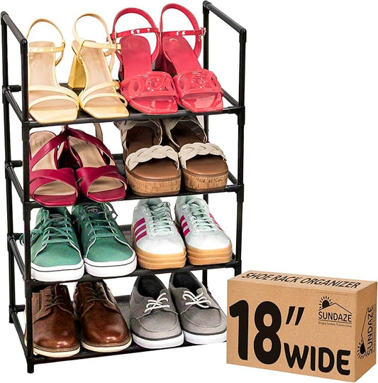 Sundaze Shoe Rack - 4 Tier Shoe Rack for Closet, Sturdy Stackable Shoe Organizer for Closet, Bedroom, Entryway, Garage, Non Woven Fabric Shelf, Black, Holds 8-12 Pairs-NeatNest