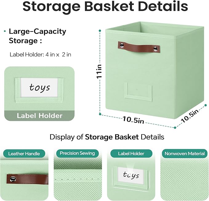 6-Pack Collapsible Fabric Storage Cubes with Handles & Label Holders, Closet Cube Home Organizer Bins (Sage Green, 10.5 * 10.5 * 11 inch)