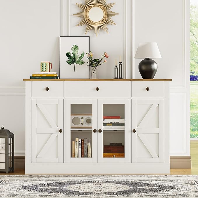 4 EVER WINNER Buffet Cabinet with Storage, 55" Farmhouse Sideboard Buffet Cabinets with Drawers and Glass Doors, Coffee Bar Cabinet for Kitchen, Living Room, White-NeatNest