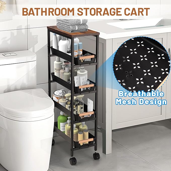 Slim Storage Cart, 5-Tier Narrow Rolling Kitchen Laundry Room Cart with Drawer and Wheels, Metal Utility Cart Slide Out Organizer for Small Spaces (Black)