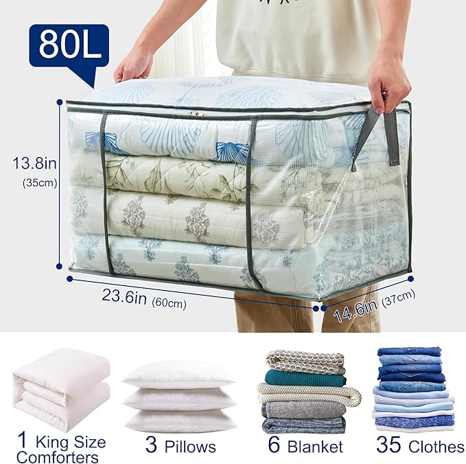 80L Clear Large Storage Bag, Clothes Storage Containers for Organizing Closet, Bedroom, Underbed, Comforters, Clothing, Blankets, Pillow, Foldable Organizer with Sturdy Handle and Zippers (6)-NeatNest