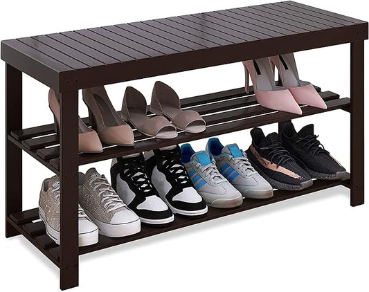 SMIBUY Sturdy Bamboo Shoe Rack Bench, 3-Tier Shoe Organizer, Storage Shelf for Entryway Hallway Bathroom Living Room (Dark Brown)-NeatNest