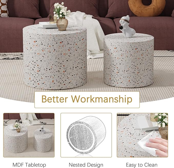 Round Coffee Table Set of 2 Modern Nesting Coffee Tables Wooden Drum Coffee Tables with Non-Slip Feet, Circle Nesting Tables End Table for Living Room Office, No Assembly (Terrazzo 18.11"+14.57")