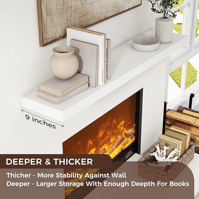 Floating Shelves for Wall, 48"W x 9"D x 1.5"H, 1 Pack of Long Wall Mounted Engineered Wood Shelves with Invisible Brackets for Living Room, Bedroom, Bathroom, Kitchen Decor and Storage, White-NeatNest